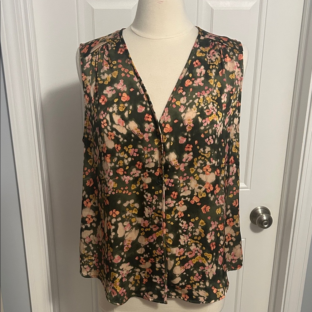 CAbi Olive Floral Sleeveless V-Neck Blouse with Pink and Yellow Blossoms